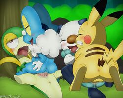 anus balls blue_scales blush brown_eyes brown_stripes clenched_teeth closed_eyes cum cum_in_pussy cum_inside female feral feral_on_feral froakie fur grass green_scales group lying male nintendo on_back oshawott outside penetration penis pikachu pokemon pokemon_(species) saliva scales snivy stomach_bulge straight stripes tapering_penis teeth tongue tongue_out vaginal_penetration video_games winick-lim yellow_fur yellow_scales