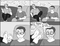 1boy1girl absurdres barefoot blush blushing chaztheweasel chubby chubby_female comic couch couple couple_(romantic) dialogue dialogue_bubble earrings foot_fetish foot_focus foot_worship funny girl_with_glasses glasses goals highres losing_focus loving_couple monochrome oc original_characters playing_videogame relationship_goals romantic_couple self_insert short_hair sweating tease teasing