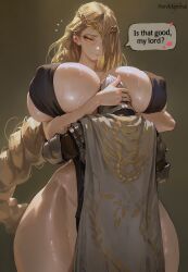1boy 1girls ai_generated armor between_breasts black_dress blonde_hair braid cling elden_ring english_text female hug huge_breasts knight larger_female male marshalperv pervmarshal queen_marika_the_eternal shiny_skin size_difference small_breasts speech_bubble tarnished text thick_thighs wide_hips