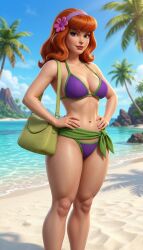 1girls 3d ai_generated bag_over_shoulder bangs beach belly_button bikini cleavage daphne_blake female flower_hairband flower_in_hair gemini ginger_hair hair_over_shoulder hairband hands_on_hips knees long_hair looking_at_viewer loose_hair medium_breasts midriff ocean ocean_background palm_leaf palm_tree rgomez007 sarong scooby-doo self_upload shoulder_bag sideboob silky_hair solo_female standing stern_expression swimsuit thick_thighs tied_clothing tropical wide_hips