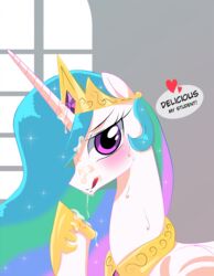 1girls alicorn blush cum cum_in_hair cum_on_face dialogue equine female feral friendship_is_magic hair hasbro horn mammal multicolored_hair my_little_pony princess_celestia_(mlp) solo text tongue tongue_out tsudashie wings