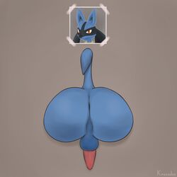 1boy 2017 absurd_res animal_genitalia animal_penis anthro anus ass big_ass butt_focus canine canine_penis erection femboy furry hi_res kabeshiri krokodos lucario male male_focus male_only mammal nintendo penis perineum pokemon pokemon_(species) pokemon_dppt presenting presenting_hindquarters public_use raised_tail rear_view simple_background solo testicles through_wall video_games