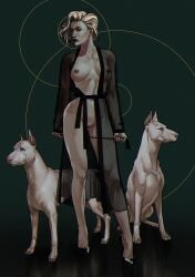 absurdres animal animal_ears animal_nose asymmetrical_bangs black_robe blonde_hair breasts canine character_request collarbone covered_nipples dima_ivanov dog_ears dog_tail emma_frost facing_viewer female hair_behind_ear high_heels highres holding lipstick looking_at_viewer looking_to_the_side makeup marvel marvel_comics multicolored_hair narrow_waist navel nipples nose nude open_clothes open_robe pointy_ears pussy reflection robe see-through_clothes short_hair simple_background solo standing tail toned toned_female two-tone_hair whip white_dog x-men