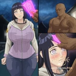 ai_generated artificialfox big_breasts dark-skinned_male hyuuga_hinata mind_control naruto_(series) shocked spell
