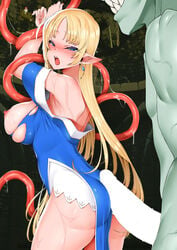 1boy ass back bangs bare_shoulders blonde_hair blue_dress blush bondage bound bound_wrists breasts buttjob censored commission dress dungeon earrings elf female from_side green_skin head_out_of_frame highres indoors jewelry large_breasts long_hair looking_back mabinogi nail_polish nipples nose_blush open_mouth orc parted_bangs pelvic_curtain penis pink_nails pointy_ears sharp_teeth skindentation smh1069 sweat teeth tentacle torn_clothes torn_dress veins very_long_hair