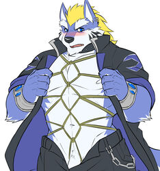 barely_visible_penis blue_fur blush bondage bound canine clothing fenrir_(tokyo_afterschool_summoners) fur hi_res male male_only mammal muscular muscular_male open_jacket pants piercing rope rope_bondage rope_harness solo tattoo tokyo_afterschool_summoners wolf