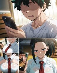 above_view ai_generated big_breasts black_hair blush boku_no_hero_academia cumming cumming_from_handjob dialogue_bubble embarrassed embarrassed_female embarrassed_male faceless faceless_male first_person_view freckles gym_storeroom hands_over_breasts heart itsuka_kendou izuku_midoriya jerking jerking_off_another jerking_penis jerkingoff_another kendou_itsuka laying_on_back long_hair masturbating masturbating_other midoriya_izuku momo_yaoyorozu my_hero_academia nude nude_female panting png ponytail pov red_hair side_ponytail smartphone smiling steam steam_breath steamy_breath tie transparent_clothing u.a._school_uniform yaoyorozu_momo