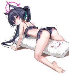 all_fours animal_ears ass bent_over bikini black_bikini black_hair blue_archive blue_ribbon blush breasts cat_ears cat_girl crotch_rub dakimakura_(object) dobostorte female female_masturbation frilled_bikini frills from_side frown full_body hair_between_eyes hair_ribbon halo highres kneeling legs long_hair masturbation oerba_yun_fang pillow pillow_humping pink_halo pussy_juice pussy_juice_drip_through_clothes pussy_juice_stain pussy_juice_trail red_eyes ribbon serika_(blue_archive) serika_(swimsuit)_(blue_archive) slit_pupils small_breasts solo swimsuit thighs twintails underboob very_long_hair wet_bikini