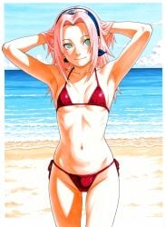 ai-created ai_generated armpit armpit_fetish armpits beach beach_background bikini bikini_bottom bikini_top female female_only green_eyes light_skin manga_style masashi_kishimoto_style naruto naruto_(classic) naruto_(series) pink_hair sakura_haruno sakura_haruno_(genin) sea small_breasts