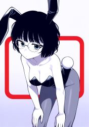black_hair breasts cleavage expressionless female freckles glasses looking_at_viewer naosan2011 playboy_bunny short_hair tagme