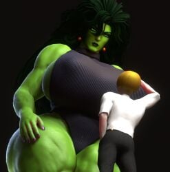 1boy 1girls 3d big_ass big_breasts clothed clothed_female elevenendless endlessillusion giant_breasts giantess green_body green_skin huge_ass huge_breasts imminent_sex marvel marvel_comics purple_nails she-hulk taller_female voluptuous wide_hips