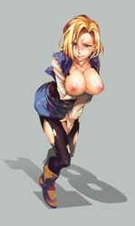 1girls android_18 blonde_hair blue_eyes boots cleavage curvy dat_ass dragon_ball erect_nipples huge_areolae huge_breasts juvecross milf puffy_nipples short_hair thick_lips voluptuous wide_hips