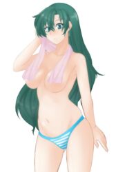 1girls ass_visible_through_thighs bare_arms bare_midriff bare_shoulders breasts covering covering_breasts female fire_emblem fire_emblem:_the_blazing_blade green_eyes green_hair hair_down long_hair looking_at_viewer lyn_(fire_emblem) lyndis_(fire_emblem) midriff panties sideboob solo surprised thighs topless towel towel_on_shoulders tridisart underboob underwear