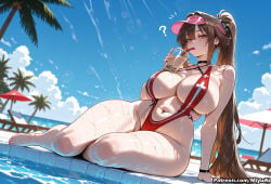 1girl ai_assisted ai_generated bangs barefoot beach blue_sky blush breasts brown_hair choker cleavage cloud covered_nipples curvaceous curvy curvy_female curvy_figure day drinking drinking_straw female goddess_of_victory:_nikke hair_between_eyes huge_breasts large_breasts long_hair looking_at_viewer marciana_(marine_study)_(nikke) marciana_(nikke) miyuai navel nikke one-piece_swimsuit outdoors palm_tree ponytail pool poolside sidelocks sitting sky solo sunlight swimsuit thick thick_ass thick_butt thick_hips thick_legs thick_thighs thighs tree umbrella very_long_hair visor_cap voluptuous voluptuous_female water wet wide_hips wide_thighs