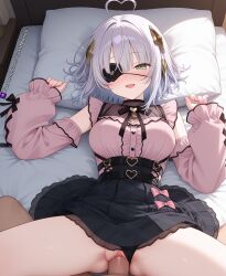 1girl1boy ai_generated bedroom bedroom_sex blushing_at_viewer eye_patch goth_maniac gothmaniac green_eyes hair_ornament male_pov missionary_position on_bed pastel_goth penis_in_pussy plachta platinum_blonde_hair vaginal_penetration vaginal_sex you