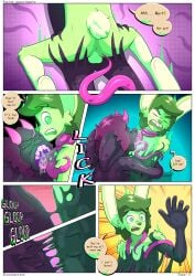 absurd_res anthro anus asphyxiation ass assimilation backsack balls bedroom bedroom_sex big_ears big_eye bodily_fluids buckteeth choking comic comic_panel desk dialogue dinosaur dromaeosaurid duo fur fur_markings furniture furred_scalie furry_tail genitals glowing glowing_eyes goo_creature goo_transformation green_body green_fur green_hair hair hi_res horn hug hybrid imminent_sex lagomorph lavasaurous lazarus_(lavasaurous) leporid licking long_ears male male/male mammal markings melting monster nude penis pink_body pink_hair prehistoric_species rabbit reptile saliva saliva_string saurischian scalie shark_teeth simon_(lavasaurous) slime spots spotted_body spotted_fur superpowers symbiote table tail tan_body teeth tentacle theropod tongue transformation