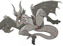 2014 animal_genitalia anthro anus digitigrade dragon ear_frills erection frill genital_slit grey_scales leechseed lying male nude on_back open_mouth penis presenting scales scalie slit solo spread_anus spread_legs spreading wings