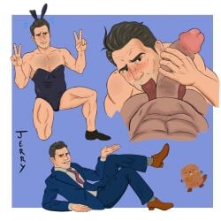 2026 2boys alderdraws balls beaver big_penis black_hair blue_background blush blush_lines brown_eyes bulge bunnysuit chest_hair crossdressing disney erection gay hoppers light_skin male male_only mayor_jerry muscular out_of_frame peace_sign penis pixar pov simple_background sucking_balls yaoi