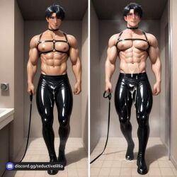1boy abs ai_assisted ai_generated bara biceps black_hair blue_eyes breasts chest_harness collar cum cum_on_body cum_on_clothes female flexing full_body harness honeycomb_(pattern latex leash looking_at_viewer male_focus manly muscular muscular_female muscular_male navel nipples pectorals shiny short_hair tile_floor tile_wall tiles toned toned_male