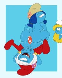 anal anal_insertion anal_sex anus blonde_hair blue_hair blue_skin double_dildo female female_only flower gilf hat nude_female open_mouth partially_clothed_female piledriver_position pleasure_face pubic_hair pussy reverse_piledriver_position scrabble007 smurfette smurflily smurfwillow the_smurfs vagina white_hair yuri