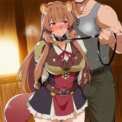 ahe_gao ai_generated animal_ears auburn_hair bell_collar blush collar dominant_male drooling embarrassed kemonomimi leash looking_up male_domination muscular_male nervous pet_play pink_eyes raphtalia reluctant shy tanuki_ears tanuki_tail tate_no_yuusha_no_nariagari