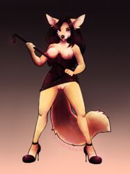 2017 anthro black_hair breasts canine clothing domination female femdom fennec footwear fox fur hair high_heels looking_at_viewer mammal nipples pussy redsunatdawn riding_crop shoes silvera simple_background smile solo whip