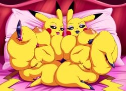 absurd_res anthro bed bed_frame bedroom belly big_belly big_breasts breast_squish breasts brown_eyes cheek_markings clothing crovirus duo eyebrows eyeshadow facial_markings female female/female footwear furniture generation_1_pokemon genitals gloves handwear head_markings hi_res high_heels lips lipstick looking_at_viewer lying makeup markings nintendo on_side overweight pikachu pillow pink_eyeshadow pink_lipstick pokemon pokemon_(species) presenting presenting_vulva purple_eyes purple_eyeshadow purple_lipstick raised_eyebrow shoes sibling_(lore) sister_(lore) sisters_(lore) smile spread_legs spreading squish thick_lips thick_thighs twins_(lore) vulva
