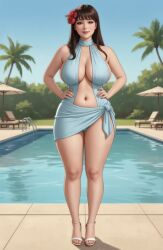 1girls ai_generated asian_female bangs belly_button black_hair blue_clothing choker_bikini cleavage female flower_in_hair hair_over_shoulder hand_on_hip hands_on_hips heels hourglass_figure inner_sideboob large_breasts light-skinned_female long_hair loose_hair lounge_chair midriff milf monokini palm_tree poolside rgomez007 sarong self_upload sideboob smiling_at_viewer solo_female stable_diffusion standing swimming_pool swimsuit thick_thighs voluptuous warm_lighting wide_hips