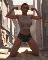 1girls 3d abigail_anderson abs alternate_body_type barefoot big_breasts blonde_hair breasts dboxx feet female fit fit_female flexing flexing_bicep jeans kneeling large_breasts medium_breasts muscles muscular muscular_female nipples nipples_visible_through_clothing see-through see-through_clothing shirt shorts skinny slim_waist solo sweat sweaty t-shirt the_last_of_us the_last_of_us_2 toned toned_female translucent_clothing