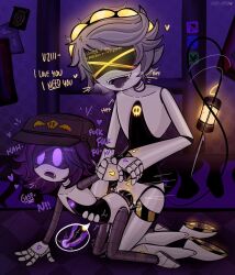 1boy 1girls grey_hair intercourse male/female murder_drones n_(murder_drones) norivos penetration penis_in_ass penis_in_pussy purple_eyes purple_hair robot_sex sex size_difference straight straight_sex tail tounge_out uzi_(murder_drones) wearing_hat x_eyes yellow_eyes