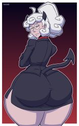 1girls alternate_version_available arms_crossed ass_focus big_ass black_skirt blank_stare bottomwear bubble_ass bubble_butt demon demon_girl demon_horns demon_tail eyewear female female_only glasses hair helltaker hips horns huge_ass justmizuno large_ass looking_back office_clothing office_lady pandemonica_(helltaker) pencil_skirt ponytail red_eyes skirt small_horns solo solo_female tail thick_thighs thighs tied_hair topwear white_hair wide_hips