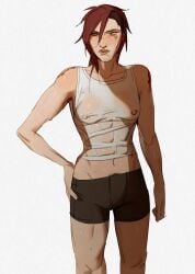 1girls abs arcane arcane_vi ear_piercing earrings face_tattoo female female_only hand_on_hip league_of_legends medium_breasts muscular muscular_female neck_tattoo nipple_piercing nose_piercing nose_ring pink_hair pubic_hair pubic_hair_peek see-through_shirt spats steemyart sweat sweatdrop sweating sweaty tank_top tattoo tattooed_arm tattoos tight_clothing vi wet_clothes wet_shirt