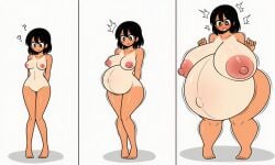ai_generated ass_expansion black_eyes black_hair blush body_growth_(enlargement) breast_expansion gigantic_breasts growing huge_belly huge_breasts hyper_pregnancy large_belly large_breasts looking_down medium_hair novelai outie_navel pregnant rapid_pregnancy sequence shocked tan tan_skin white_pupils