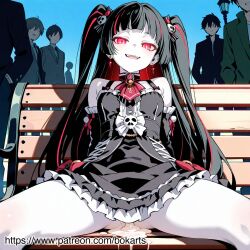 ahe_gao ai_generated bench black_dress black_hair blush bokarts crowd cum_drip cum_in_pussy cum_on_pussy drooling explicit fangs female large_breasts long_hair maid_uniform nsfw outdoor park patreon pov public red_eyes saliva skull_hair_accessories solo_focus spread_legs sweat sweatdrops twintails vampire wet_skin white_apron