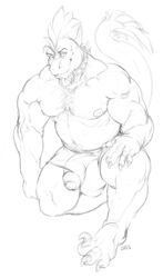 anthro big_bulge bulge clothed clothing collar facial_hair goatee greyscale humanoid_penis looking_at_viewer male male_only monochrome musclegut muscular muscular_male nipples penis penis_through_leghole poking_out scalie sketch solo spiritraptor topless uncut