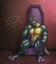 abs angry anthro balls biceps big_muscles chair claws demon dragon english_text flaccid glowing glowing_eyes jackie_chan_adventures looking_at_viewer male male_only muscular nude omegaro pecs penis red_eyes scalie shendu sitting solo text throne