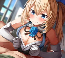 belko big_breasts blonde_hair blue_eyes breasts cleavage female large_breasts lolicept male mirai_akari mirai_akari_project paizuri paizuri_under_clothes straight virtual_youtuber