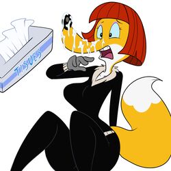 anthro breasts canine claudette_dupri clothing cum eyeshadow female fox jacket lonbluewolf looney_tunes makeup mammal messy open_mouth pants solo suggestive_fluid surprise teeth tissue tongue wabbit warner_brothers