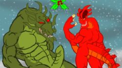 abs anthro balls chernobyl_(artist) demon dragon erection green_body lord_dragaunus male_only mighty_ducks mistletoe muscular pecs plant red_body red_eyes scalie shendu snow yellow_eyes