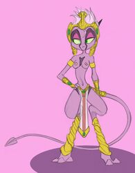 3_toes anthro armor bracelet breasts clothed clothing crown david_lillie digitigrade dreamkeepers edit female frown gauntlets gloves green_eyes hair hand_on_hip horn jewelry loincloth long_tail markings namah_calah navel nipples nude_edit pink_background pink_hair pussy short_hair simple_background skimpy solo spade_tail toes topless unknown_species