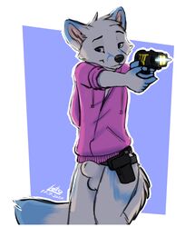 5_fingers animal_genitalia anthro arctic_fox balls bottomless canine clothed clothing fox hoodie leto_(letodoesart) letodoesart male male_only mammal sheath solo taser