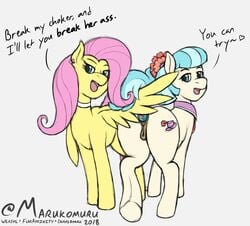 2018 animal_genitalia animal_pussy buttplug choker coco_pommel_(mlp) collar cutie_mark dark_genitals dialogue duo ear_piercing earth_pony english_text equine equine_pussy female feral fluttershy_(mlp) friendship_is_magic fur hair horse looking_at_viewer looking_back mammal marukomuru multicolored_hair my_little_pony open_mouth pegasus piercing pink_hair pony pussy rear_view sex_toy simple_background sketch snap_my_choker text two_tone_hair wings yellow_fur