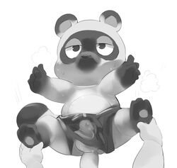 anal animal_crossing apron bulge furry human male male_only mammal masshiro monochrome nintendo panting pawpads penis pov slightly_chubby sweat tanuki testicles tom_nook yaoi