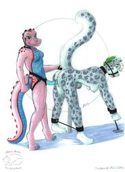 2017 alligator anthro anthro_on_anthro ball_gag bent_over bondage bound breasts claws collar colored_sketch crocodilian dildo domination duo feline female femdom fur gag green_eyes green_hair hair hanging_breasts interspecies leopard looking_back mammal navel nipples non-mammal_breasts raised_tail reptile restrained scalie sex_toy short_hair simple_background snow_leopard spots spotted_fur spreader_bar standing strapon toe_claws yuri zannah