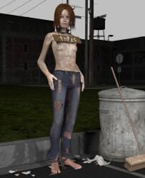 1girls 3d denim_jeans original red_hair shackled_ankles shackles sign_around_neck small_breasts solo topless topless_female torn_clothes torn_pants turnkey97