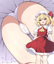 rizento touhou touhou_project tagme upskirt multiple_views 1girls 1girl 1female light-skinned_female light_skin simple_background image flandre_scarlet blonde_hair blonde_female blonde blonde-haired_female blonde_hair_female red_eyes mob_cap wings vampire vampire_girl