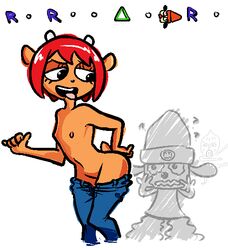 ? adult_and_teenager aliasing canine caprine clothed clothing female fur hair hetero jeans lammy_lamb mammal nipples orange_fur pants parappa parappa_the_rapper red_hair sheep simple_background straight tongue tongue_out topless um_jammer_lammy video_games white_background