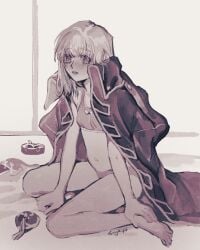 after_sex ashtray blush bra breasts female female_only gintama gogglesyopeng hair_down jacket_on_shoulders kagura_(gintama) looking_at_viewer medium_hair monochrome panties police_uniform shinsengumi_(gintama) sitting small_breasts solo wariza wearing_others_clothes