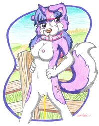 alternate_species anthro border_collie breasts canine collar collie cutie_mark equine farm female field fluffy fluffy_tail friendship_is_magic fur furry hair horn mammal my_little_pony nipples nude nudist outside peeing purple_fur pussy silversimba01 smile solo traditional_media_(artwork) twilight_sparkle_(mlp) unicorn urine watersports white_fur