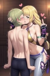 1boy1girl ai_generated arms_at_sides back bare_shoulders christie_monteiro cosplay crossover fingerless_gloves fire_emblem fire_emblem:_three_houses french_kiss from_behind half_closed_eyes hand_on_another's_shoulder heart highres ignatz_victor ingrid_brandl_galatea jeans kissing looking_at_viewer middle_finger midriff nai_diffusion stable_diffusion submissive_male tekken topless_male trembling white_pants yellow_bikini
